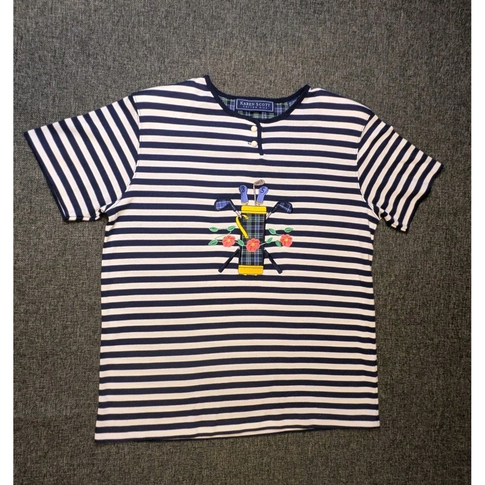 Vintage Karen Scott Embroidered Golf Logo Shirt Medium Striped Padded Shoulders